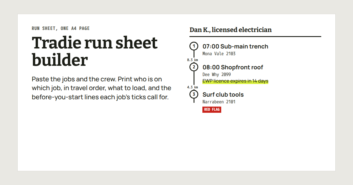 Tradie Run Sheet Builder social card